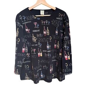 Jess & Jane Wine Collection Black Cotton 3/4 Sleeve Graphic Top 2X USA